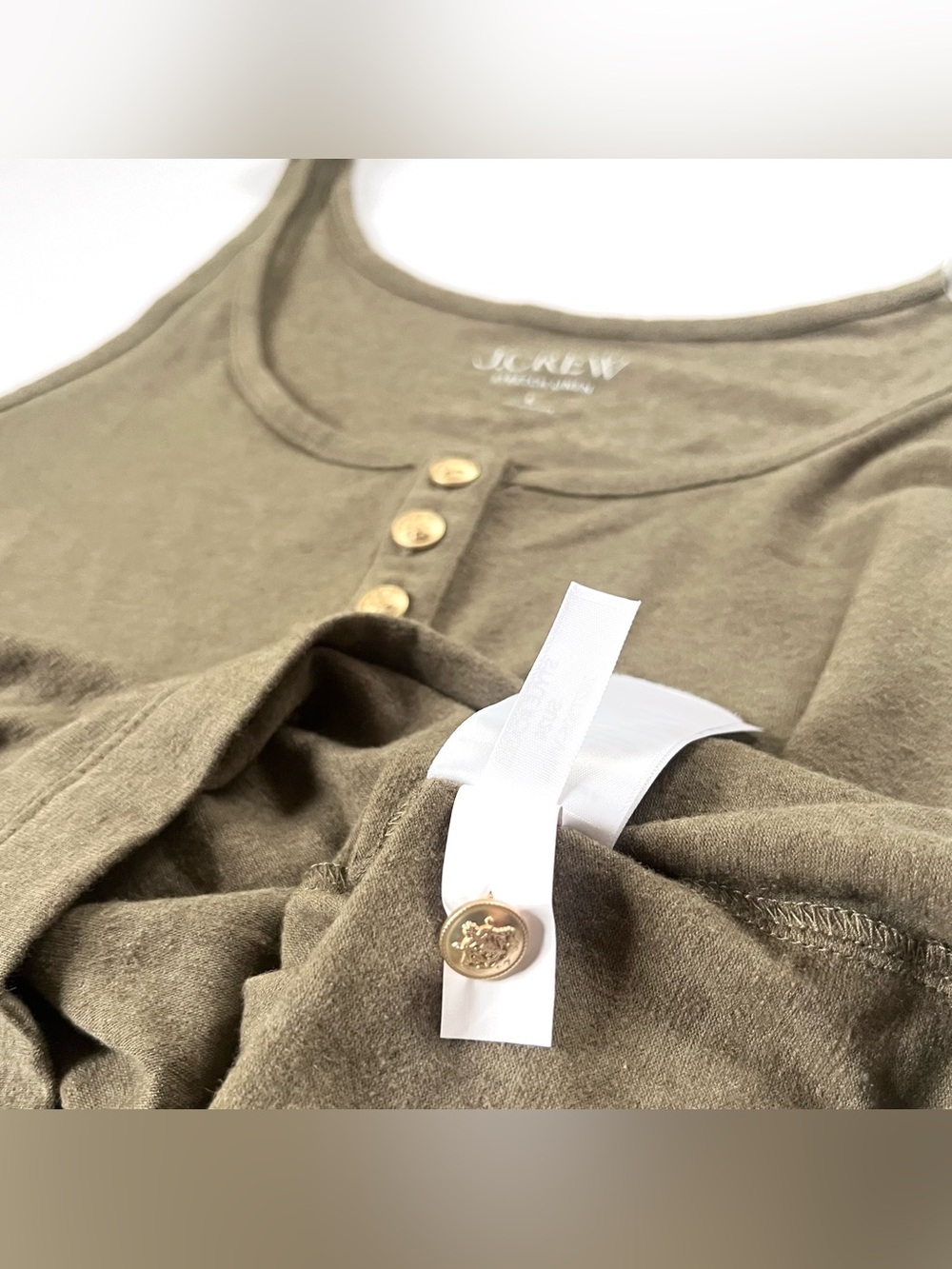 New J. Crew Women’s Stretch Linen Blend Henley Tank Top in Olive Green (Large) - Picture 6 of 8